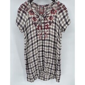Johnny Was Workshop 3J FAB! Embroidered Plaid Red Beige Drape Tunic Dress Size S